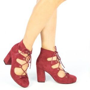 180. Burgundy Faux Suede Platform Unique Retro Block Lace-up Heels Qupid